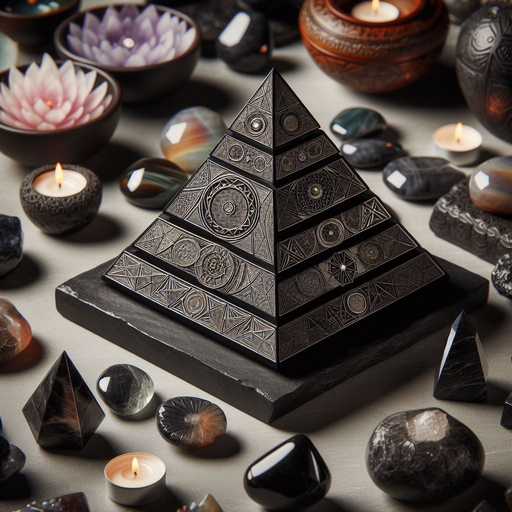 Black Shungite Pyramid and Chakra Crystals