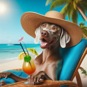 Weimaraner on a beach under a palm tree sipping a cocktail wearing a sun hat and has a big smile