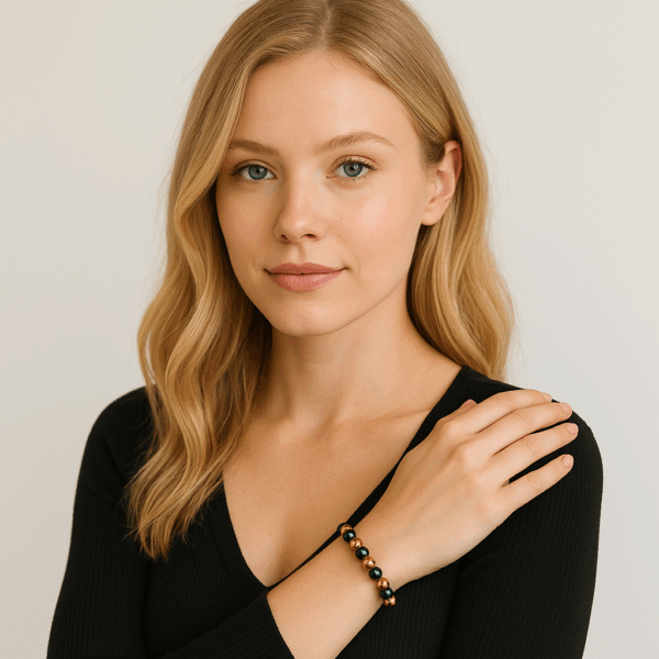 Woman wearing a copper and shungite bracelet